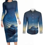 New Zealand Matariki Couples Matching Long Sleeve Bodycon Dress and Long Sleeve Button Shirt Maori Waka With Silver Fern