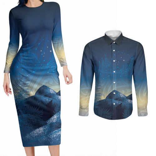 New Zealand Matariki Couples Matching Long Sleeve Bodycon Dress and Long Sleeve Button Shirt Maori Waka With Silver Fern