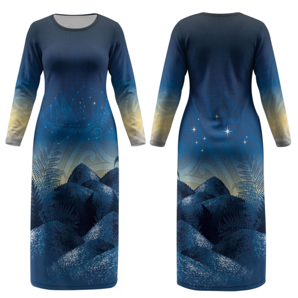 New Zealand Matariki Couples Matching Long Sleeve Bodycon Dress and Long Sleeve Button Shirt Maori Waka With Silver Fern