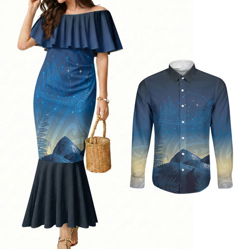 New Zealand Matariki Couples Matching Mermaid Dress and Long Sleeve Button Shirt Maori Waka With Silver Fern