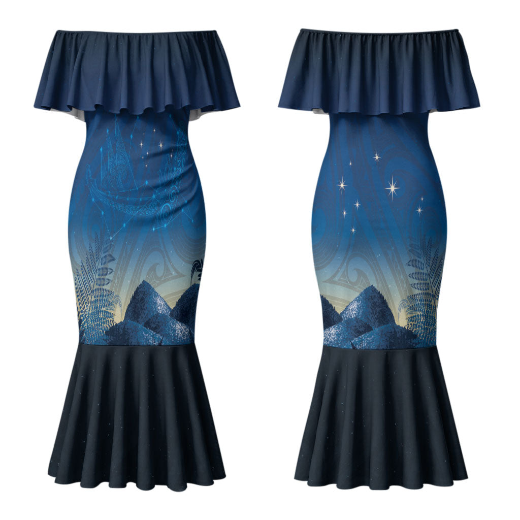 New Zealand Matariki Couples Matching Mermaid Dress and Long Sleeve Button Shirt Maori Waka With Silver Fern