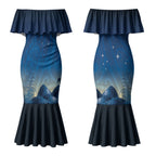 New Zealand Matariki Couples Matching Mermaid Dress and Long Sleeve Button Shirt Maori Waka With Silver Fern