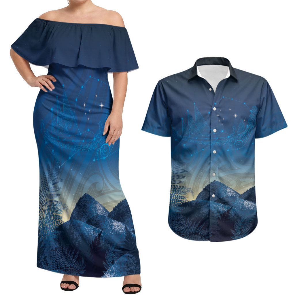 New Zealand Matariki Couples Matching Off Shoulder Maxi Dress and Hawaiian Shirt Maori Waka With Silver Fern