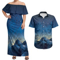 New Zealand Matariki Couples Matching Off Shoulder Maxi Dress and Hawaiian Shirt Maori Waka With Silver Fern