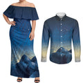 New Zealand Matariki Couples Matching Off Shoulder Maxi Dress and Long Sleeve Button Shirt Maori Waka With Silver Fern