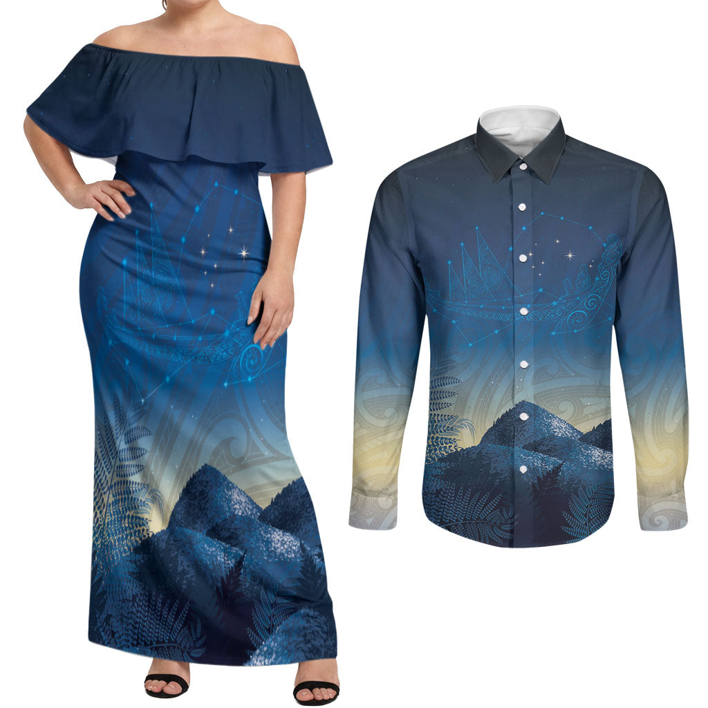 New Zealand Matariki Couples Matching Off Shoulder Maxi Dress and Long Sleeve Button Shirt Maori Waka With Silver Fern