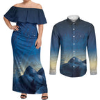 New Zealand Matariki Couples Matching Off Shoulder Maxi Dress and Long Sleeve Button Shirt Maori Waka With Silver Fern
