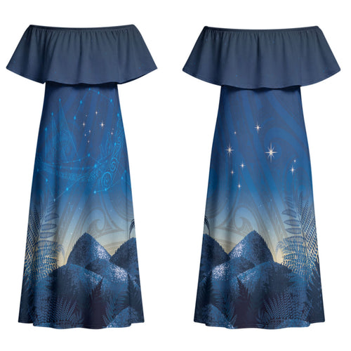 New Zealand Matariki Couples Matching Off Shoulder Maxi Dress and Long Sleeve Button Shirt Maori Waka With Silver Fern