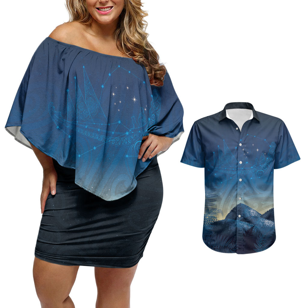 New Zealand Matariki Couples Matching Off Shoulder Short Dress and Hawaiian Shirt Maori Waka With Silver Fern