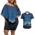 New Zealand Matariki Couples Matching Off Shoulder Short Dress and Hawaiian Shirt Maori Waka With Silver Fern