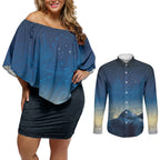 New Zealand Matariki Couples Matching Off Shoulder Short Dress and Long Sleeve Button Shirt Maori Waka With Silver Fern