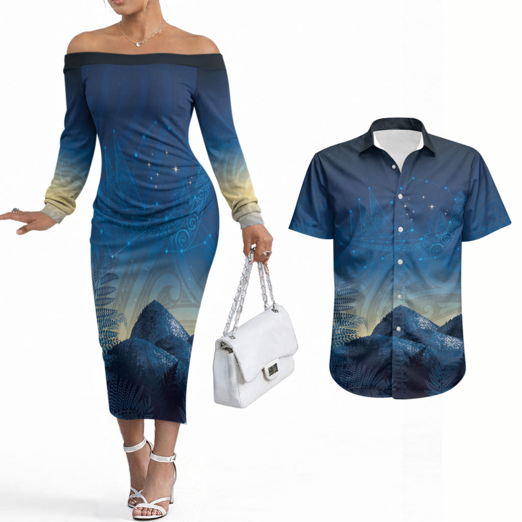 New Zealand Matariki Couples Matching Off The Shoulder Long Sleeve Dress and Hawaiian Shirt Maori Waka With Silver Fern