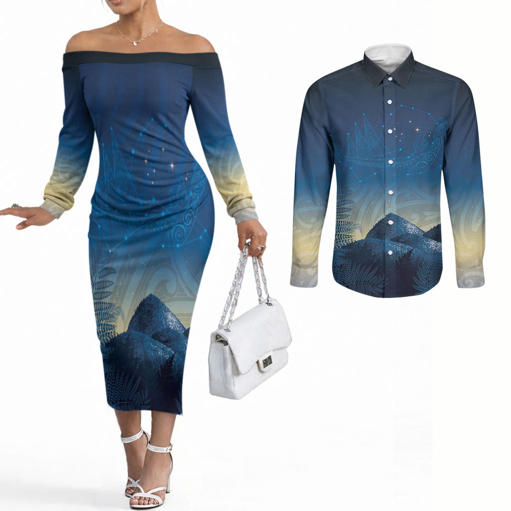 New Zealand Matariki Couples Matching Off The Shoulder Long Sleeve Dress and Long Sleeve Button Shirt Maori Waka With Silver Fern