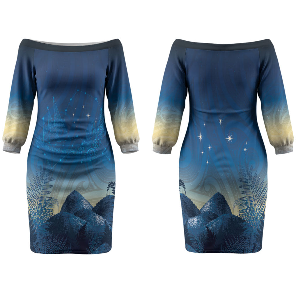 New Zealand Matariki Couples Matching Off The Shoulder Long Sleeve Dress and Long Sleeve Button Shirt Maori Waka With Silver Fern