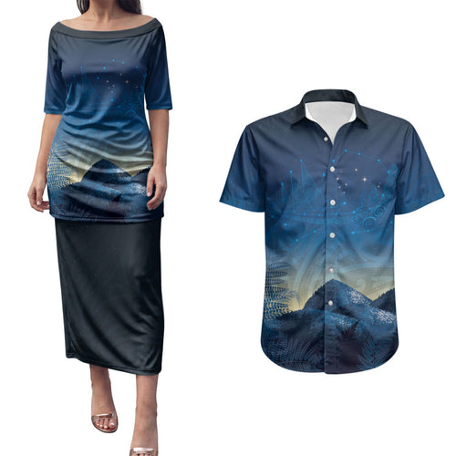 New Zealand Matariki Couples Matching Puletasi and Hawaiian Shirt Maori Waka With Silver Fern