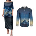 New Zealand Matariki Couples Matching Puletasi and Long Sleeve Button Shirt Maori Waka With Silver Fern