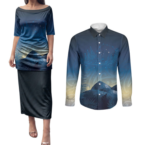 New Zealand Matariki Couples Matching Puletasi and Long Sleeve Button Shirt Maori Waka With Silver Fern
