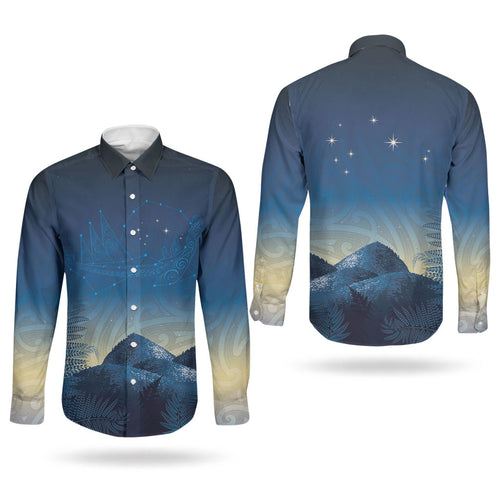 New Zealand Matariki Couples Matching Puletasi and Long Sleeve Button Shirt Maori Waka With Silver Fern