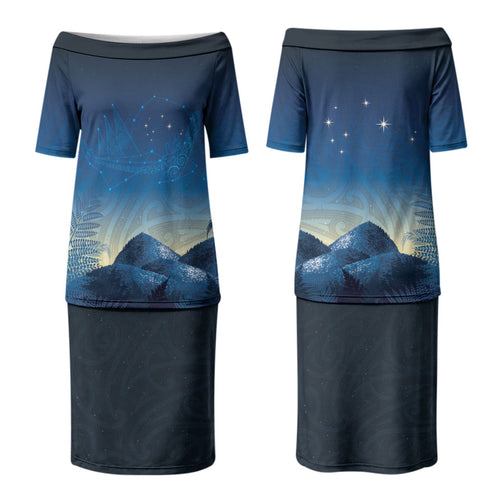 New Zealand Matariki Couples Matching Puletasi and Long Sleeve Button Shirt Maori Waka With Silver Fern