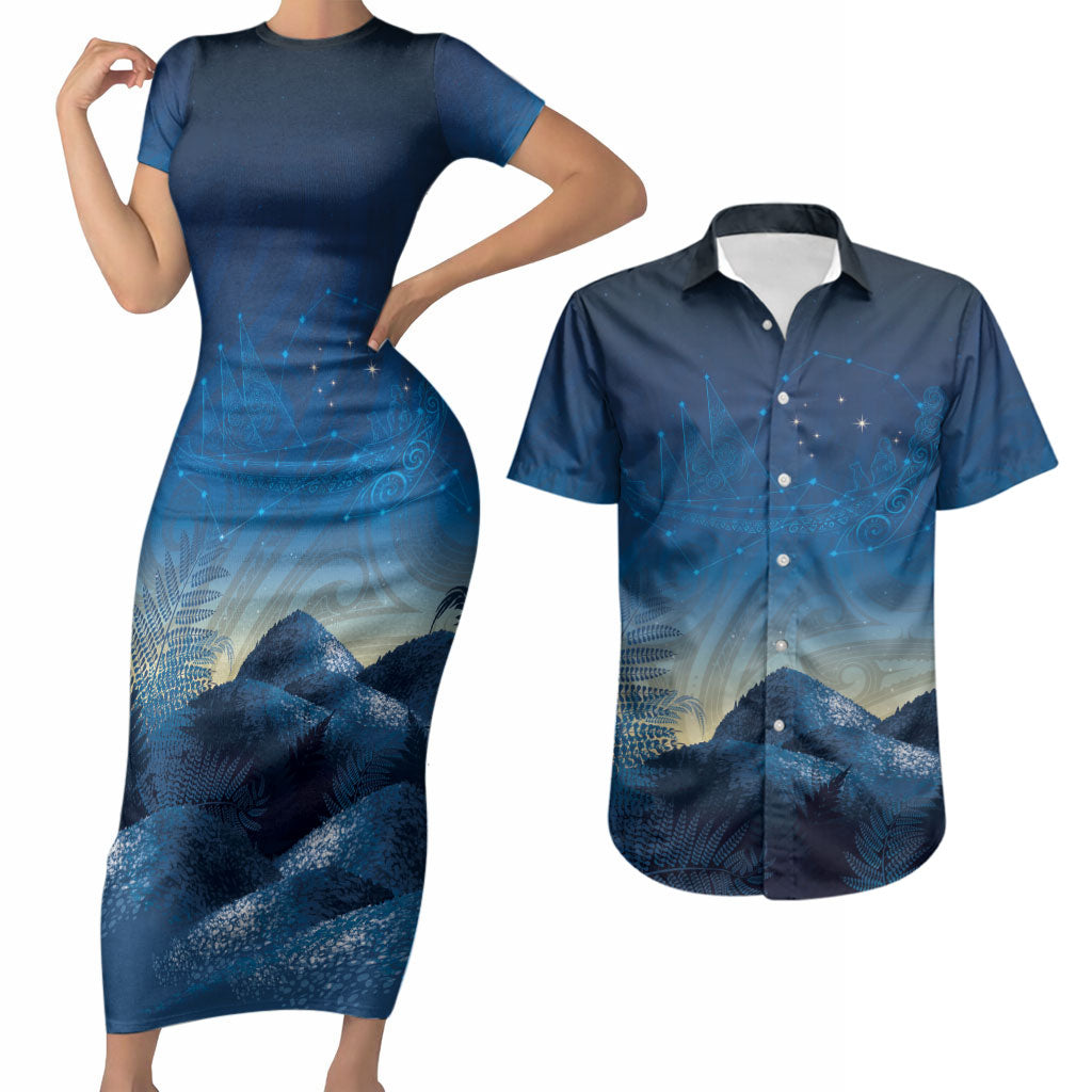New Zealand Matariki Couples Matching Short Sleeve Bodycon Dress and Hawaiian Shirt Maori Waka With Silver Fern