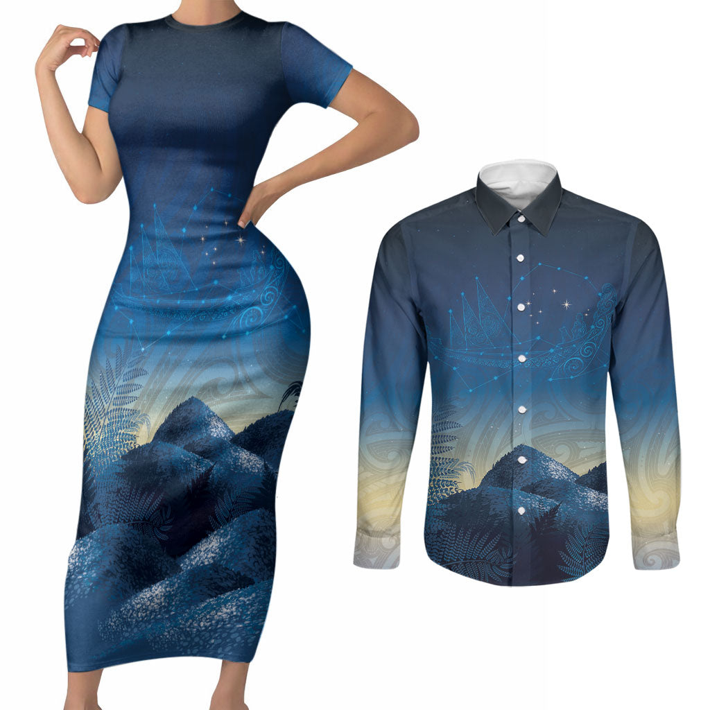 New Zealand Matariki Couples Matching Short Sleeve Bodycon Dress and Long Sleeve Button Shirt Maori Waka With Silver Fern