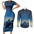 New Zealand Matariki Couples Matching Short Sleeve Bodycon Dress and Long Sleeve Button Shirt Maori Waka With Silver Fern