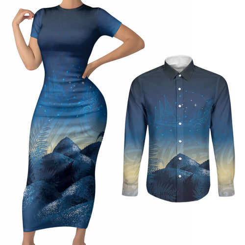 New Zealand Matariki Couples Matching Short Sleeve Bodycon Dress and Long Sleeve Button Shirt Maori Waka With Silver Fern