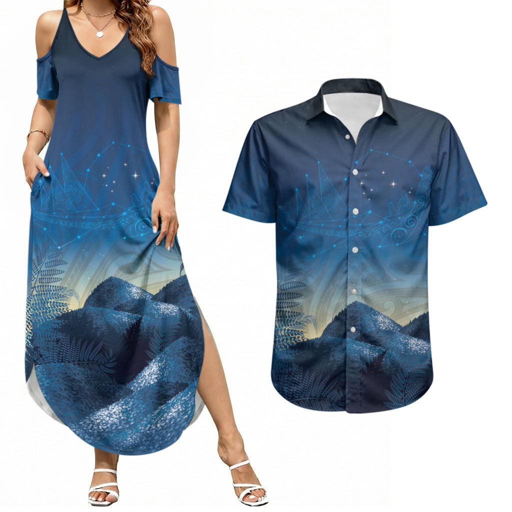 New Zealand Matariki Couples Matching Summer Maxi Dress and Hawaiian Shirt Maori Waka With Silver Fern
