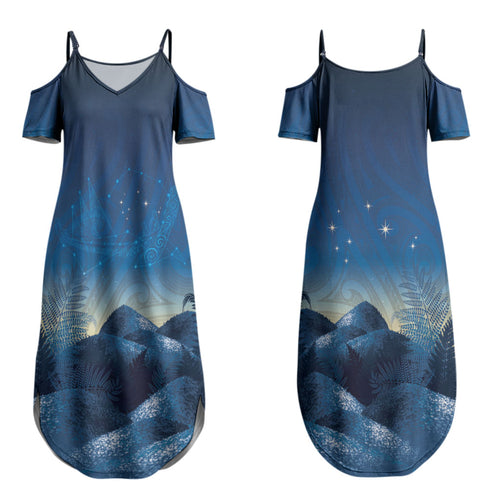New Zealand Matariki Couples Matching Summer Maxi Dress and Hawaiian Shirt Maori Waka With Silver Fern