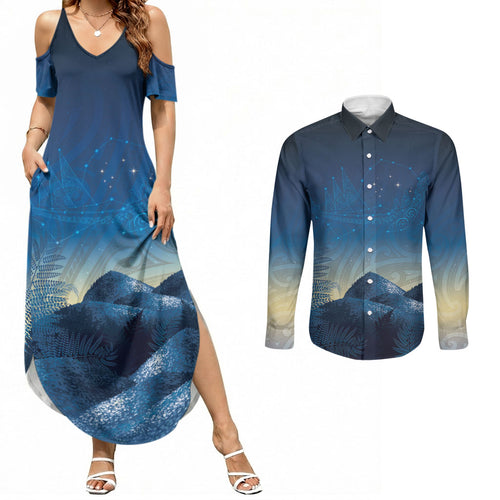 New Zealand Matariki Couples Matching Summer Maxi Dress and Long Sleeve Button Shirt Maori Waka With Silver Fern