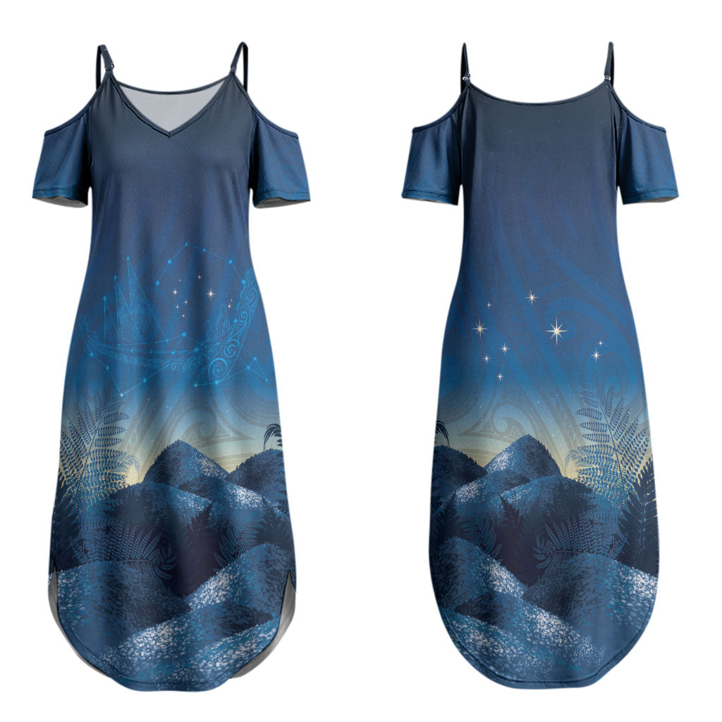 New Zealand Matariki Couples Matching Summer Maxi Dress and Long Sleeve Button Shirt Maori Waka With Silver Fern