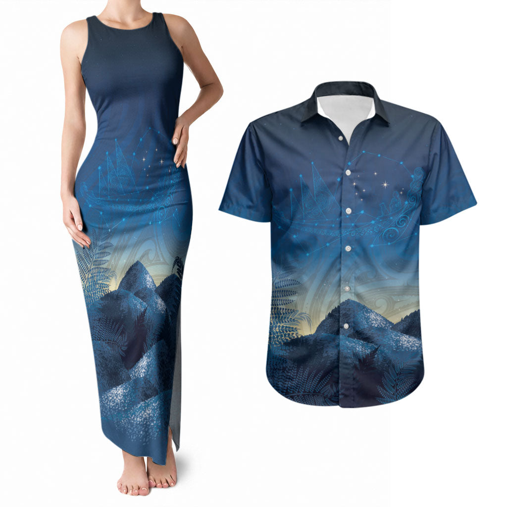 New Zealand Matariki Couples Matching Tank Maxi Dress and Hawaiian Shirt Maori Waka With Silver Fern
