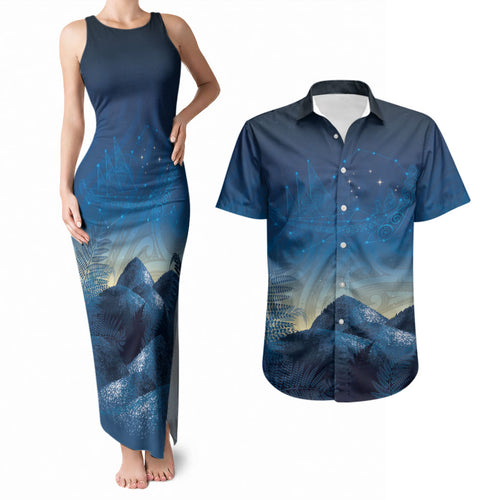 New Zealand Matariki Couples Matching Tank Maxi Dress and Hawaiian Shirt Maori Waka With Silver Fern