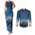 New Zealand Matariki Couples Matching Tank Maxi Dress and Long Sleeve Button Shirt Maori Waka With Silver Fern
