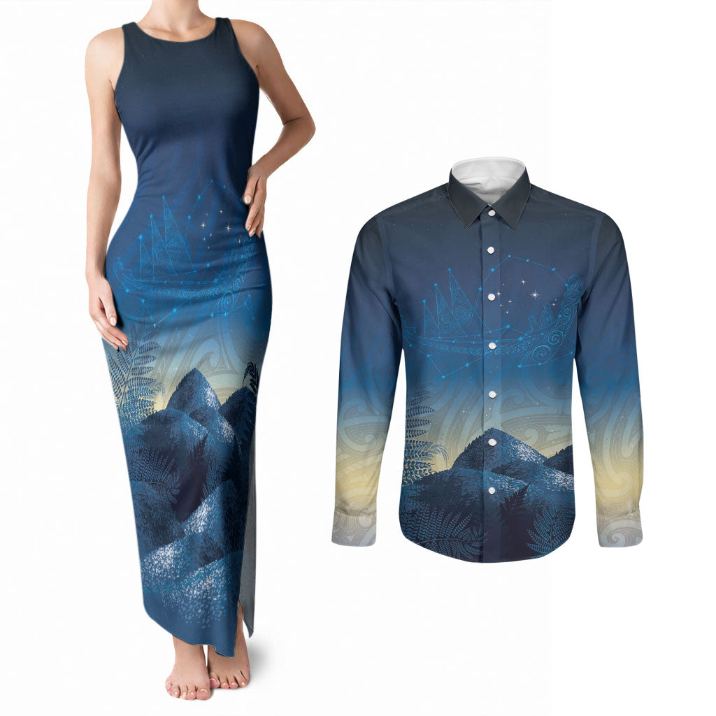 New Zealand Matariki Couples Matching Tank Maxi Dress and Long Sleeve Button Shirt Maori Waka With Silver Fern