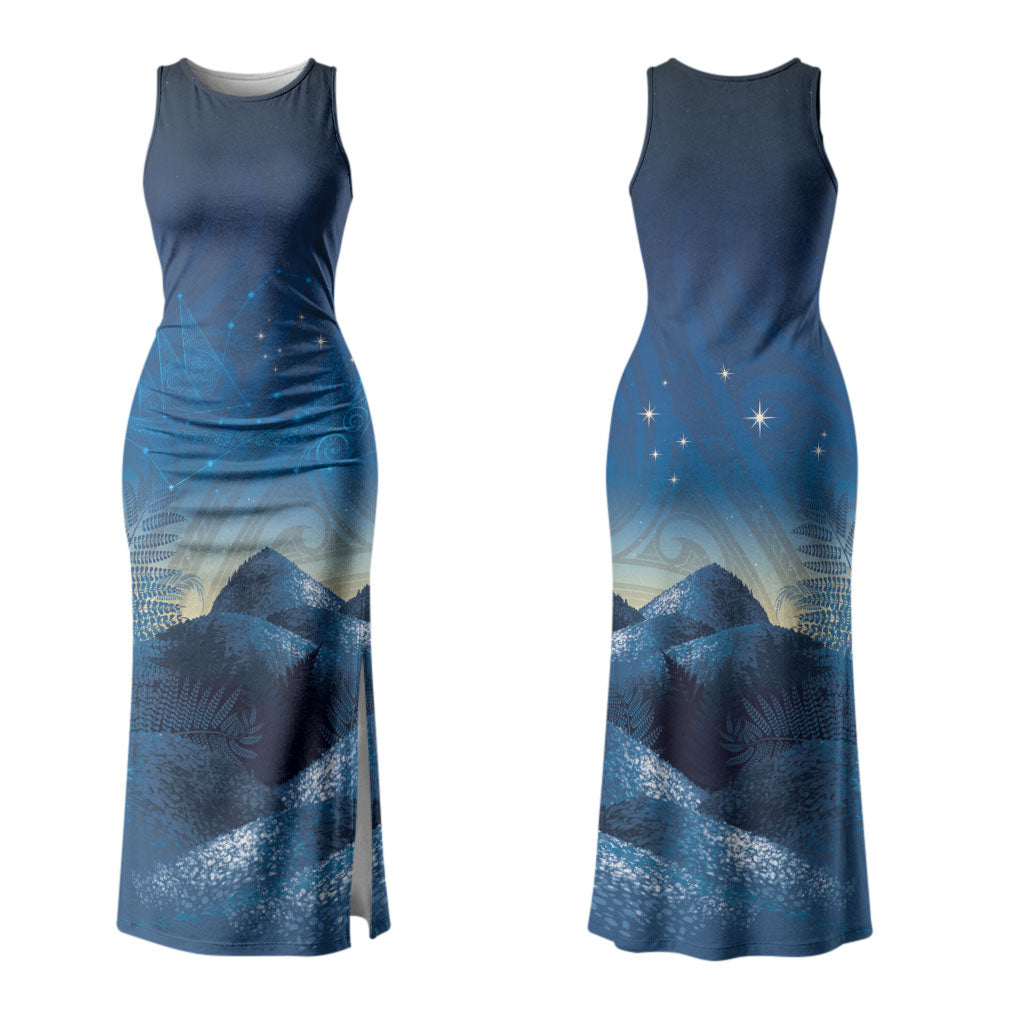New Zealand Matariki Couples Matching Tank Maxi Dress and Long Sleeve Button Shirt Maori Waka With Silver Fern