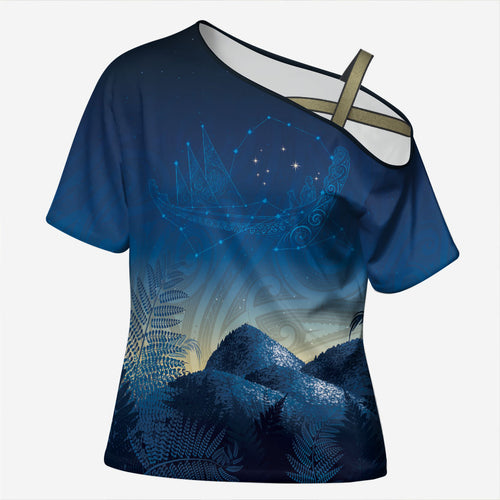New Zealand Matariki Cross Shoulder Shirt Maori Waka With Silver Fern