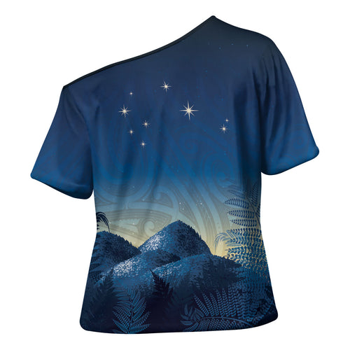 New Zealand Matariki Cross Shoulder Shirt Maori Waka With Silver Fern
