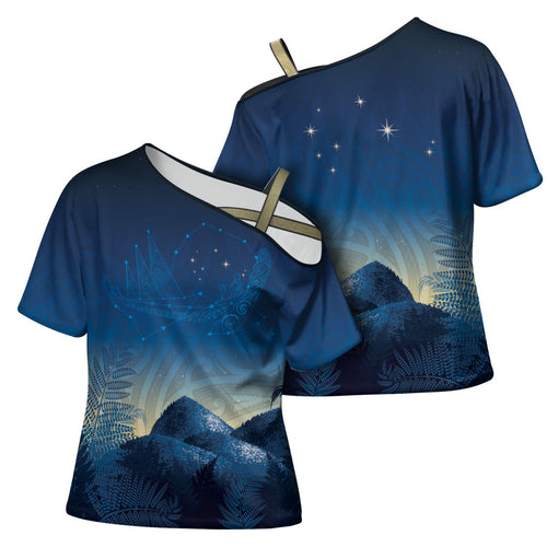 New Zealand Matariki Cross Shoulder Shirt Maori Waka With Silver Fern