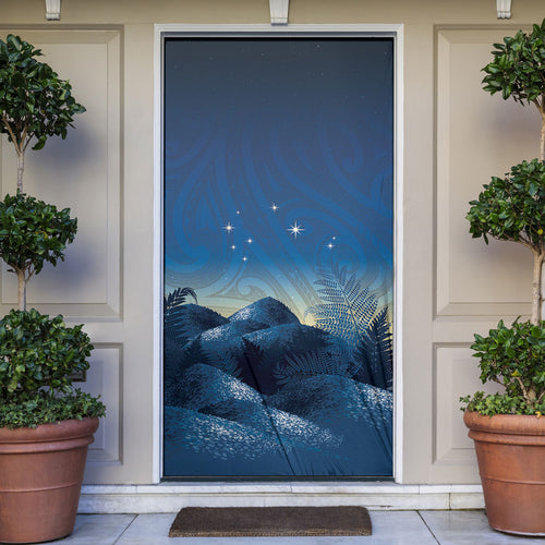 New Zealand Matariki Door Cover Maori Waka With Silver Fern