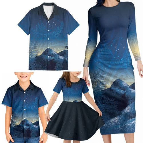 New Zealand Matariki Family Matching Long Sleeve Bodycon Dress and Hawaiian Shirt Maori Waka With Silver Fern