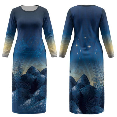 New Zealand Matariki Family Matching Long Sleeve Bodycon Dress and Hawaiian Shirt Maori Waka With Silver Fern
