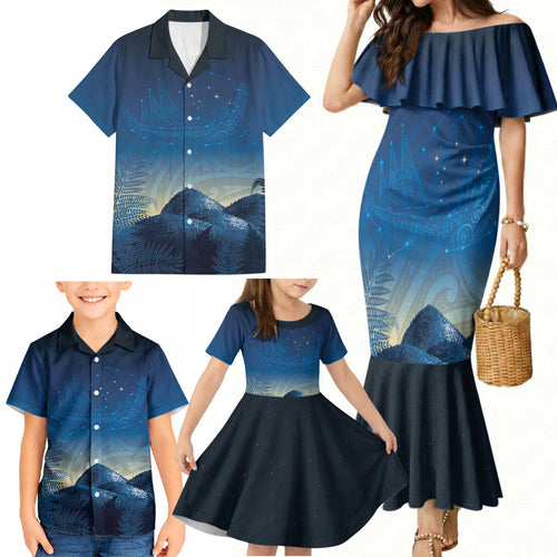 New Zealand Matariki Family Matching Mermaid Dress and Hawaiian Shirt Maori Waka With Silver Fern