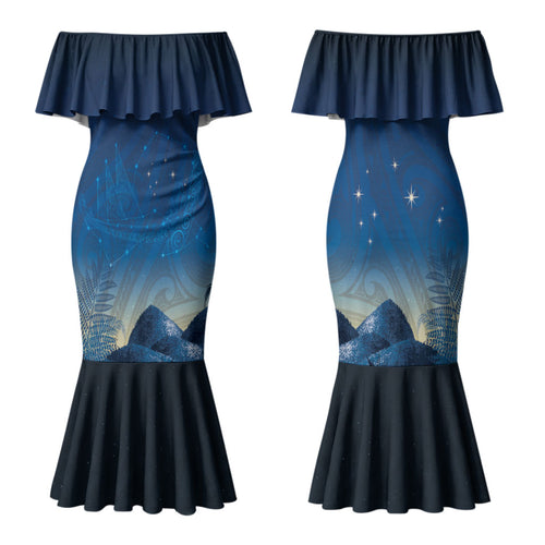 New Zealand Matariki Family Matching Mermaid Dress and Hawaiian Shirt Maori Waka With Silver Fern