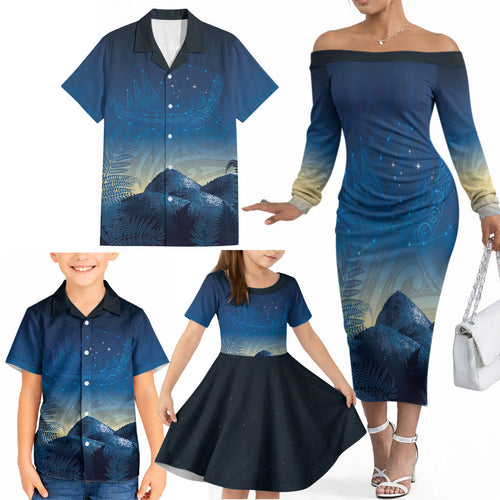 New Zealand Matariki Family Matching Off The Shoulder Long Sleeve Dress and Hawaiian Shirt Maori Waka With Silver Fern