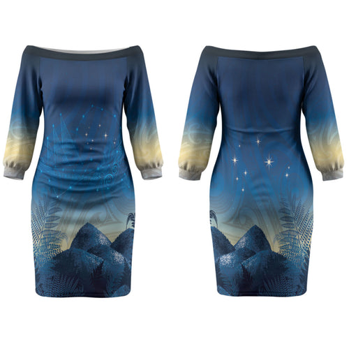 New Zealand Matariki Family Matching Off The Shoulder Long Sleeve Dress and Hawaiian Shirt Maori Waka With Silver Fern