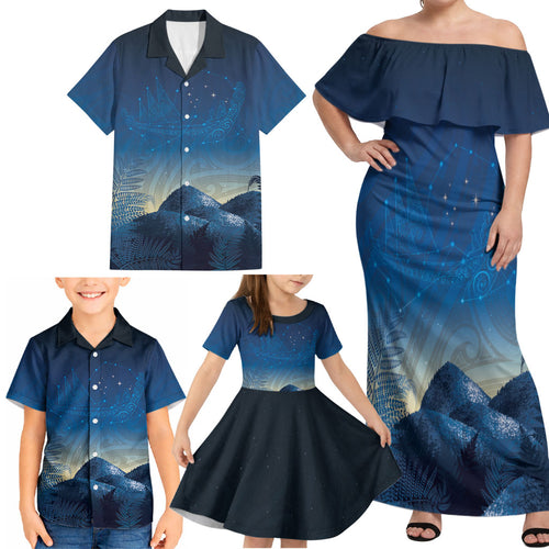 New Zealand Matariki Family Matching Off Shoulder Maxi Dress and Hawaiian Shirt Maori Waka With Silver Fern