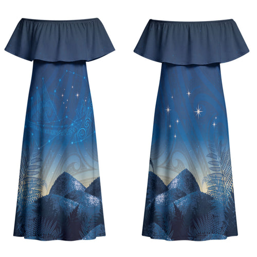 New Zealand Matariki Family Matching Off Shoulder Maxi Dress and Hawaiian Shirt Maori Waka With Silver Fern