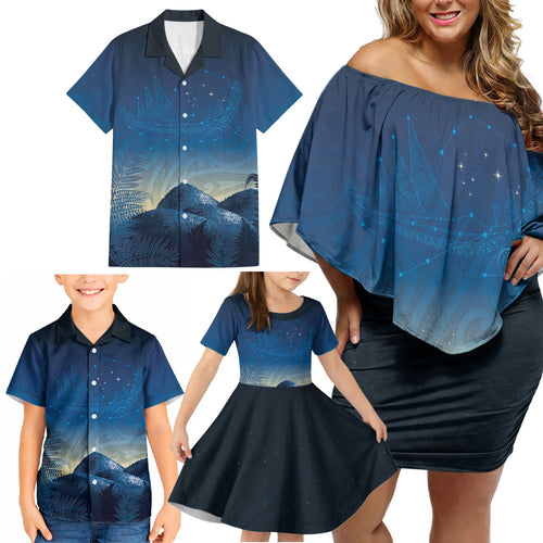 New Zealand Matariki Family Matching Off Shoulder Short Dress and Hawaiian Shirt Maori Waka With Silver Fern