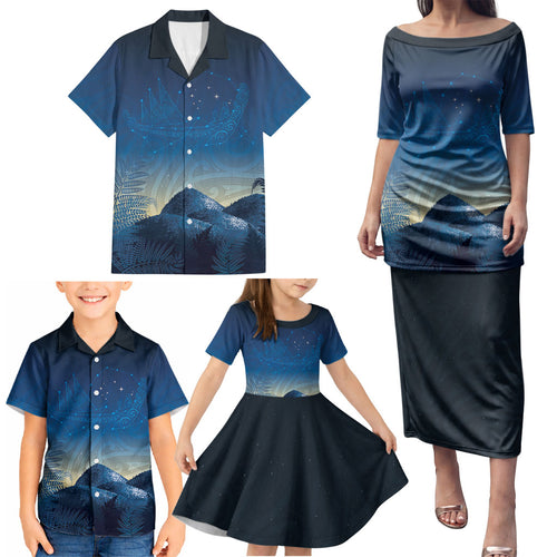New Zealand Matariki Family Matching Puletasi and Hawaiian Shirt Maori Waka With Silver Fern